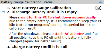 Screenshot: Battery calibration status dialog box