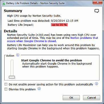 Screenshot: Enable workaround for Norton high CPU problem